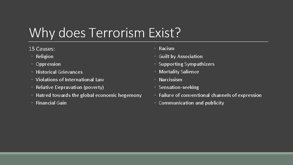 Why does Terrorism Exist? 15 Causes: ◦ ◦ ◦ ◦ Religion Oppression Historical Grievances