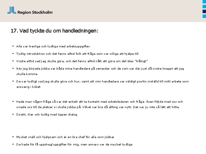 17. Vad tyckte du om handledningen: • Alla var trevliga och tydliga med arbetsuppgifter.