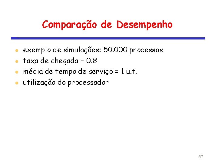 Comparação de Desempenho exemplo de simulações: 50. 000 processos taxa de chegada = 0.