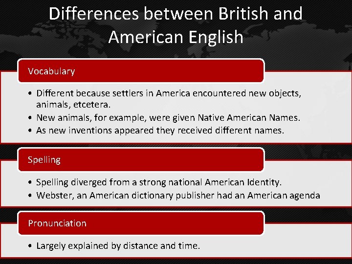 Differences between British and American English Vocabulary • Different because settlers in America encountered