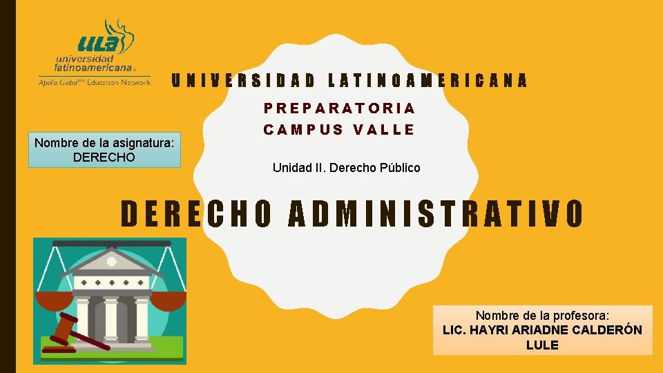 UNIVERSIDAD LATINOAMERICANA PREPARATORIA Nombre de la asignatura: DERECHO CAMPUS VALLE Unidad II. Derecho Público