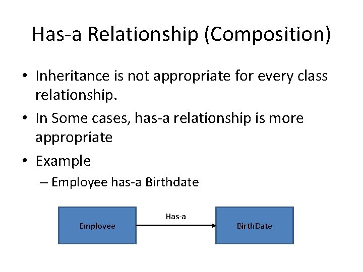 Has-a Relationship (Composition) • Inheritance is not appropriate for every class relationship. • In