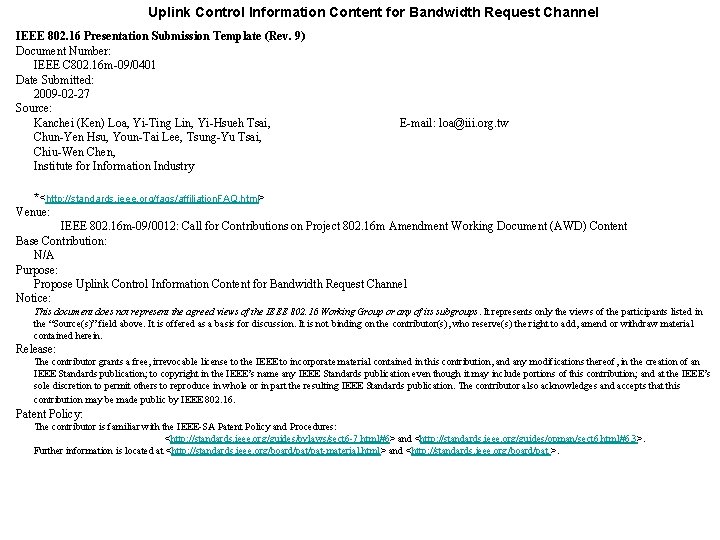 Uplink Control Information Content for Bandwidth Request Channel