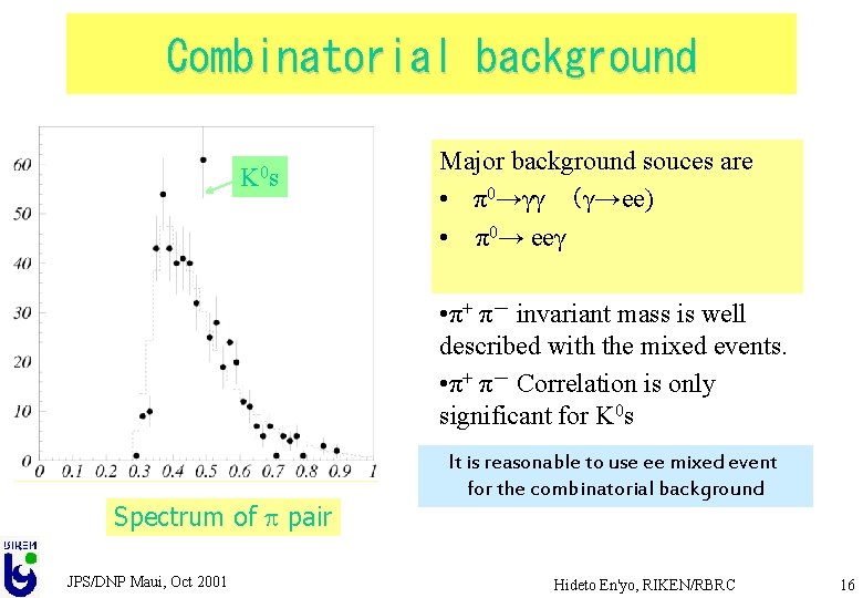 Combinatorial background K 0 s Major background souces are • π0→γγ （γ→ee) • π0→