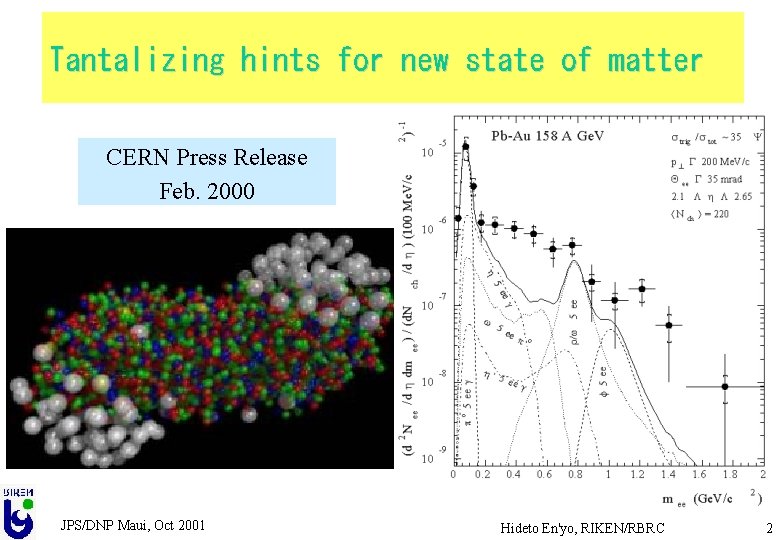 Tantalizing hints for new state of matter CERN Press Release Feb. 2000 JPS/DNP Maui,