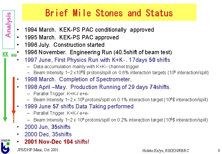 Analysis Brief Mile Stones and Status • • • KK ee • • 1994