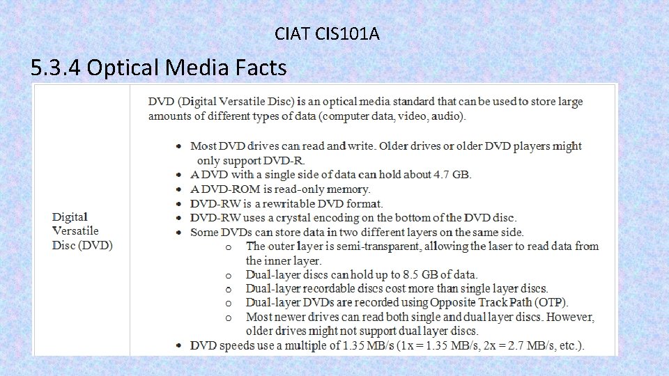 CIAT CIS 101 A 5. 3. 4 Optical Media Facts 