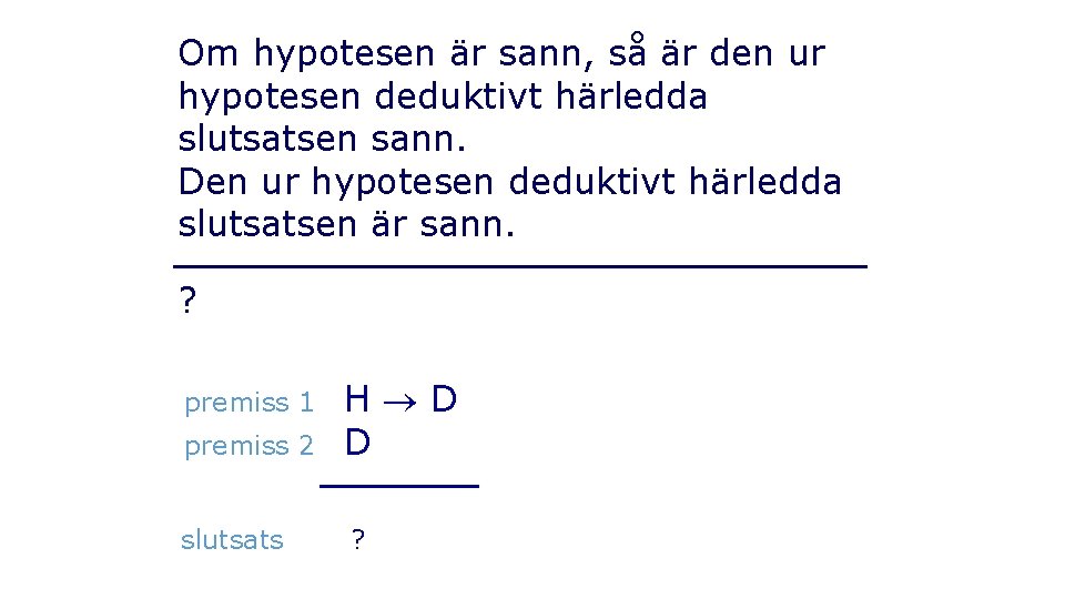 Om hypotesen är sann, så är den ur hypotesen deduktivt härledda slutsatsen sann. Den