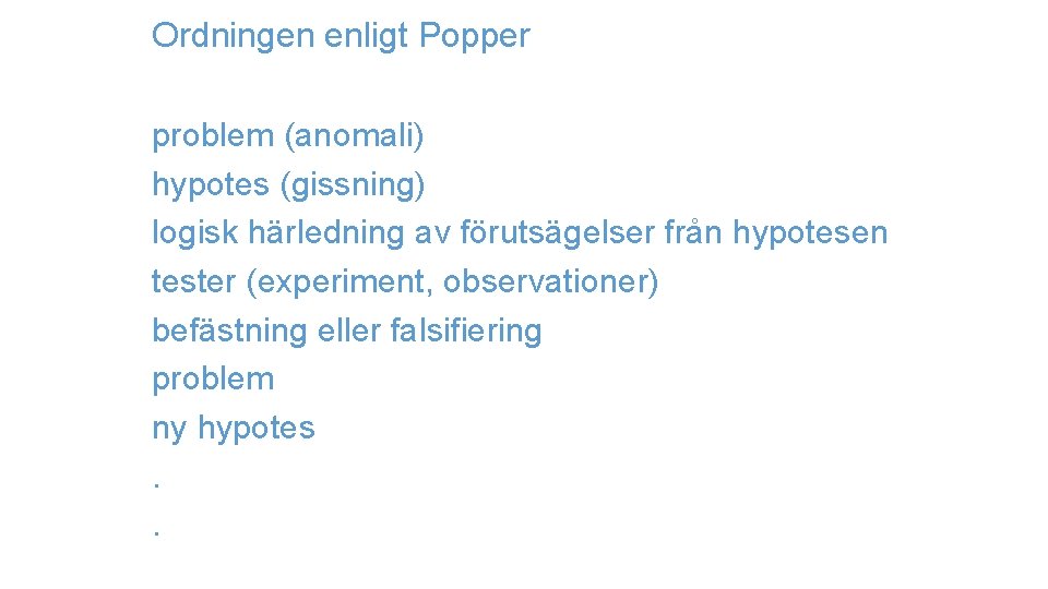 Ordningen enligt Popper problem (anomali) hypotes (gissning) logisk härledning av förutsägelser från hypotesen tester
