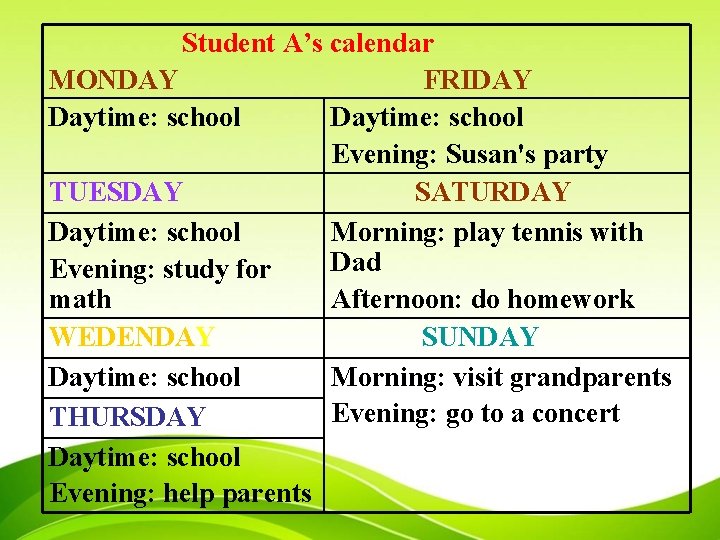 Student A’s calendar MONDAY FRIDAY Daytime: school Evening: Susan's party TUESDAY SATURDAY Daytime: school