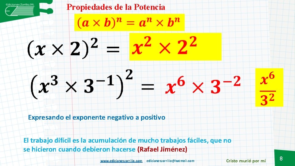 Propiedades de la Potencia Expresando el exponente negativo a positivo El trabajo difícil es