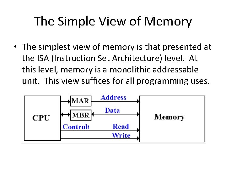 The Simple View of Memory • The simplest view of memory is that presented