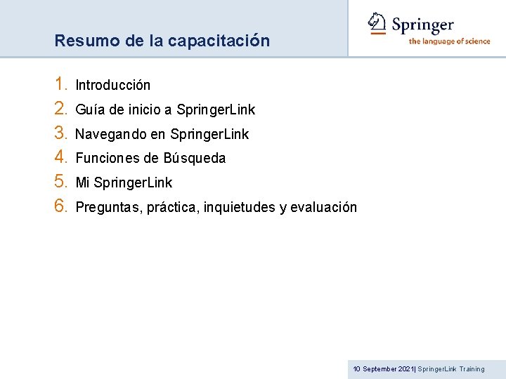 Resumo de la capacitación 1. Introducción 2. Guía de inicio a Springer. Link 3.