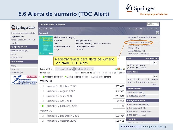 5. 6 Alerta de sumario (TOC Alert) Registrar revista para alerta de sumario vía