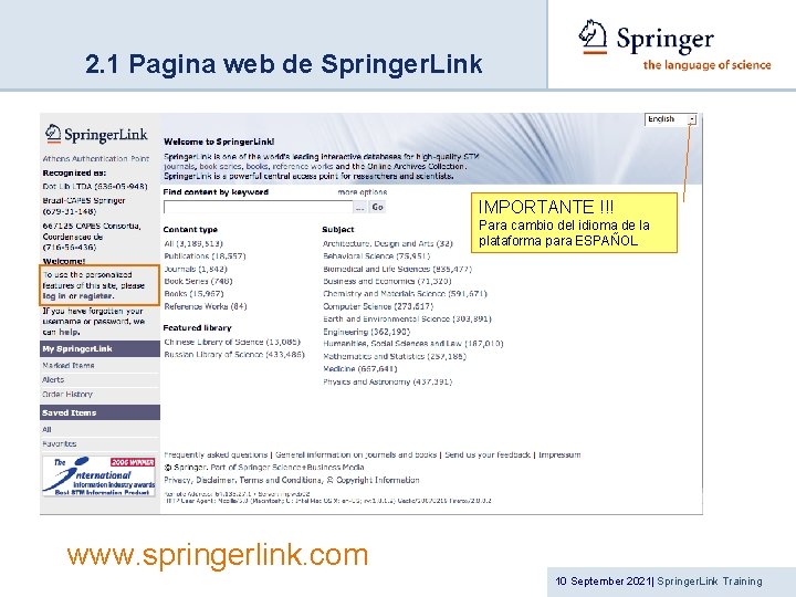 2. 1 Pagina web de Springer. Link IMPORTANTE !!! Para cambio del idioma de