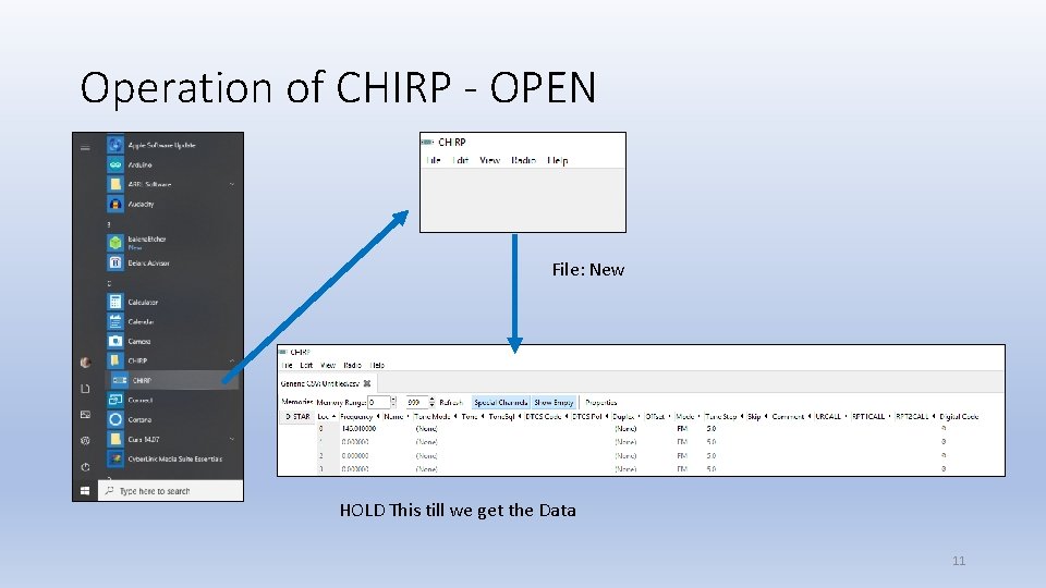 Operation of CHIRP - OPEN File: New HOLD This till we get the Data