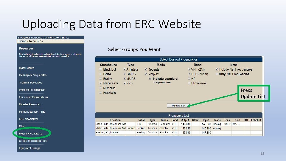 Uploading Data from ERC Website Select Groups You Want Press Update List 12 