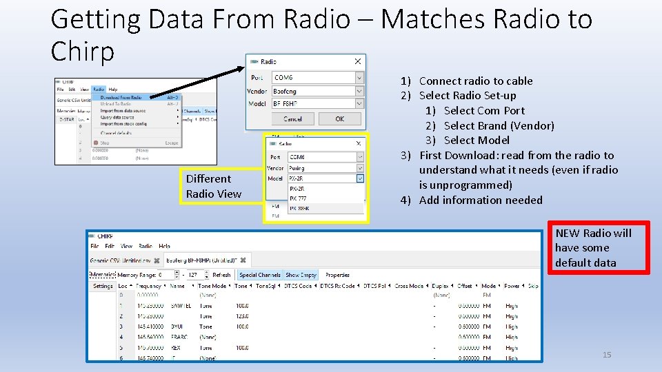 Getting Data From Radio – Matches Radio to Chirp Different Radio View 1) Connect