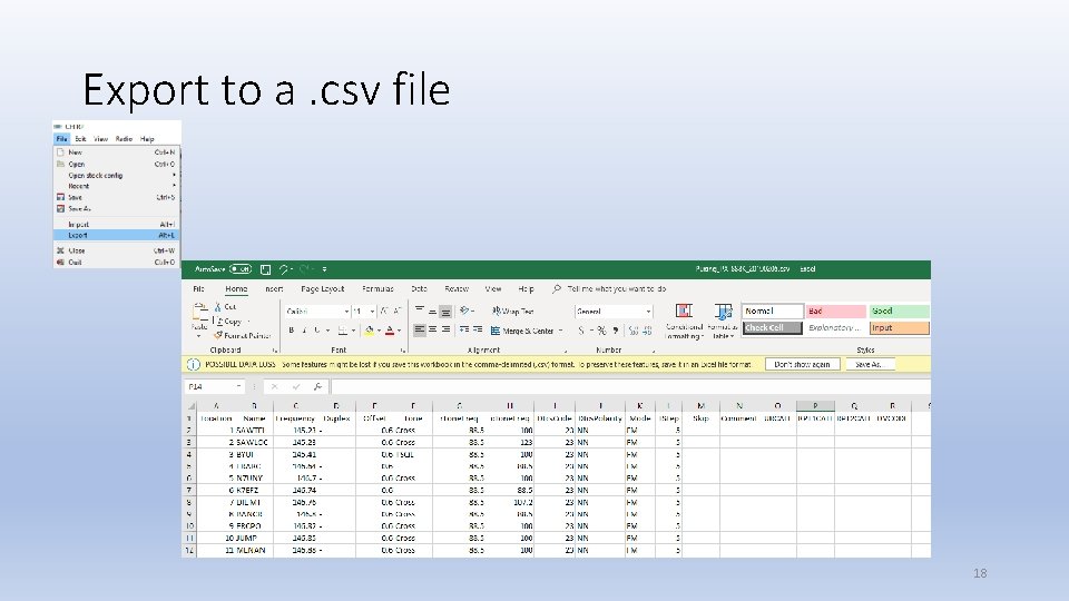 Export to a. csv file 18 