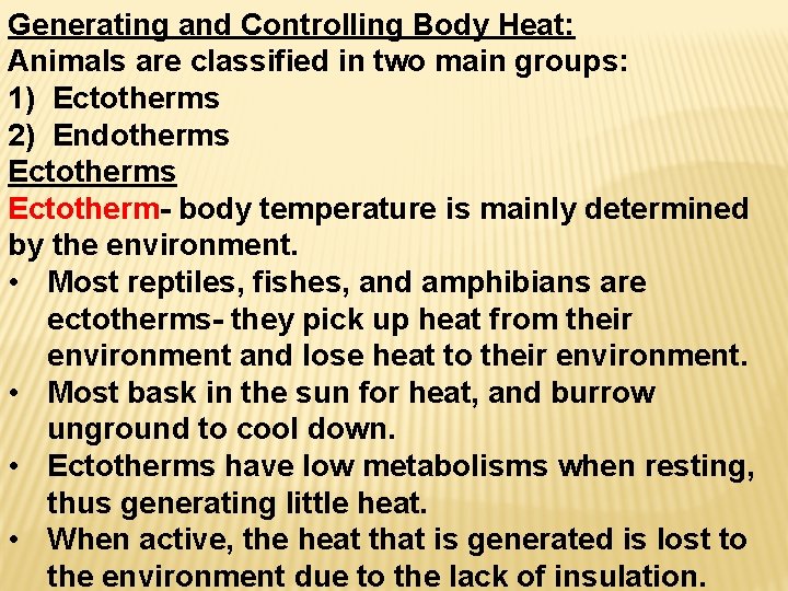 Generating and Controlling Body Heat: Animals are classified in two main groups: 1) Ectotherms