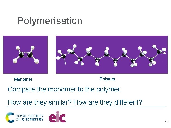 Polymerisation Monomer Polymer Compare the monomer to the polymer. How are they similar? How