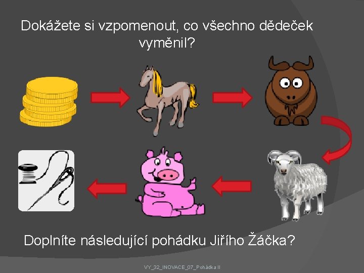 Dokážete si vzpomenout, co všechno dědeček vyměnil? Doplníte následující pohádku Jiřího Žáčka? VY_32_INOVACE_07_Pohádka II