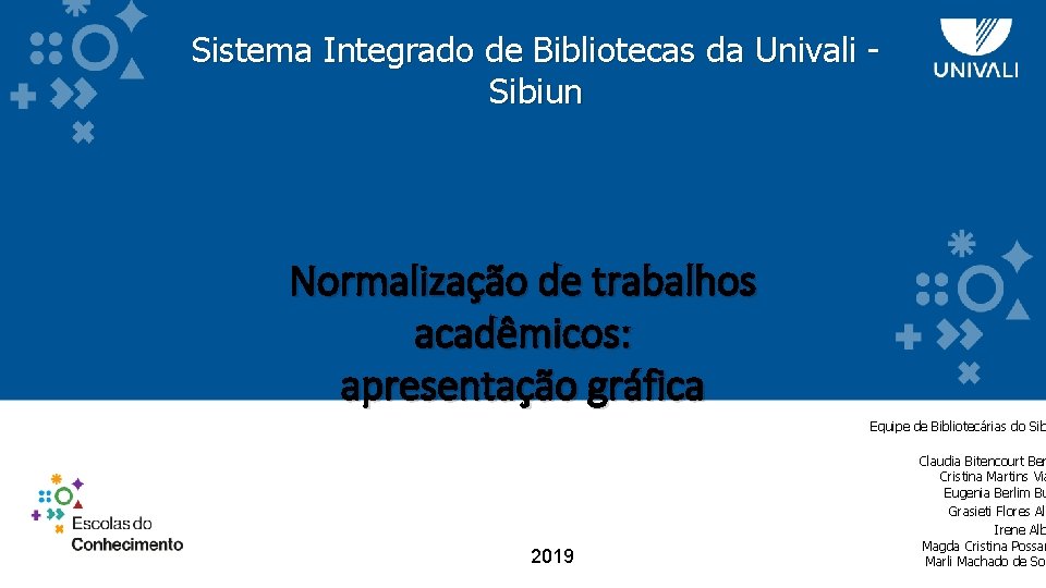 Sistema Integrado de Bibliotecas da Univali Sibiun Normalização de trabalhos acadêmicos: apresentação gráfica Equipe