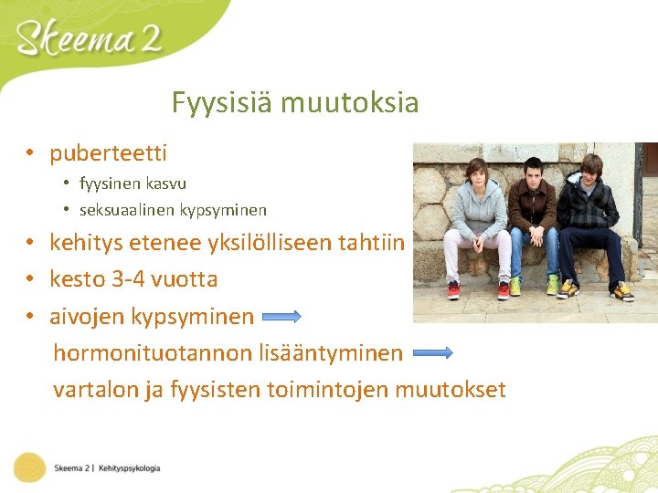 Fyysisiä muutoksia • puberteetti • fyysinen kasvu • seksuaalinen kypsyminen • kehitys etenee yksilölliseen Fyysisiä muutoksia • puberteetti • fyysinen kasvu • seksuaalinen kypsyminen • kehitys etenee yksilölliseen