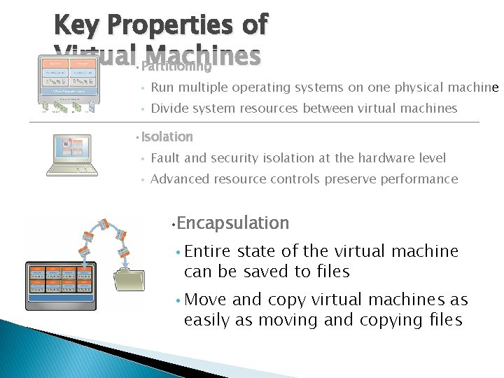 Key Properties of Virtual • Partitioning Machines Run multiple operating systems on one physical