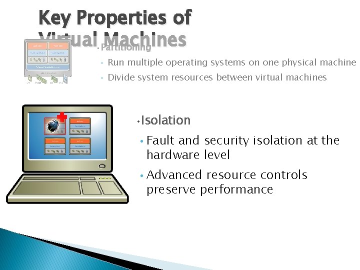 Key Properties of Virtual • Partitioning Machines Run multiple operating systems on one physical