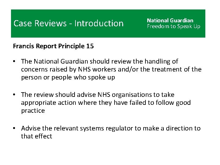Case Reviews - Introduction National Guardian Freedom to Speak Up Francis Report Principle 15