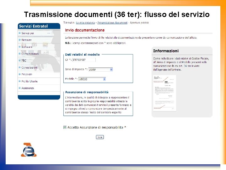 Trasmissione documenti (36 ter): flusso del servizio Gli utenti devono inserire: il codice fiscale;