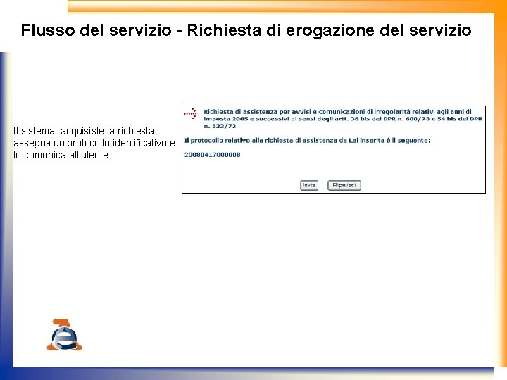 Flusso del servizio - Richiesta di erogazione del servizio Il sistema acquisiste la richiesta,