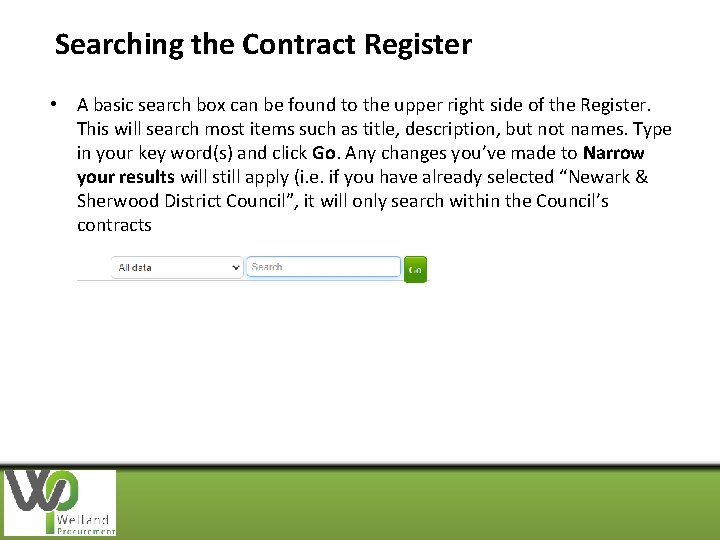 Searching the Contract Register • A basic search box can be found to the