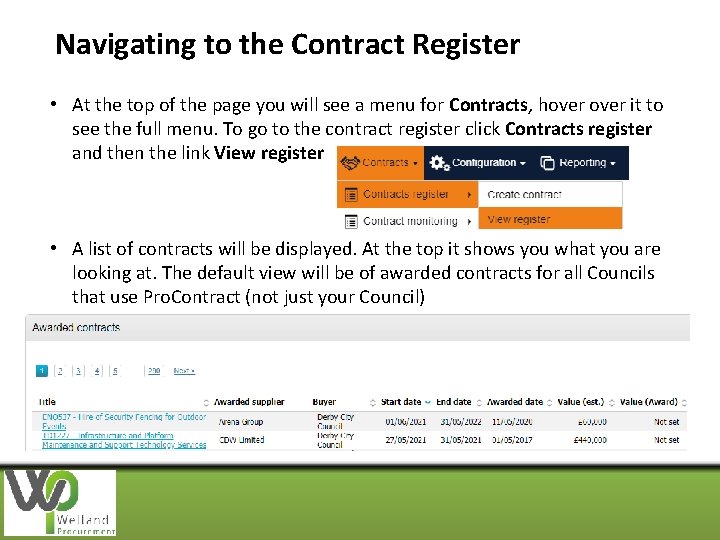 Navigating to the Contract Register • At the top of the page you will