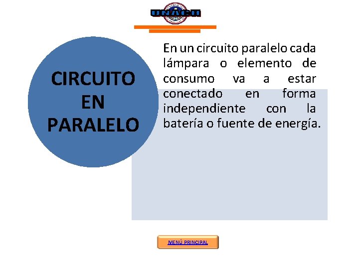CIRCUITO EN PARALELO En un circuito paralelo cada lámpara o elemento de consumo va