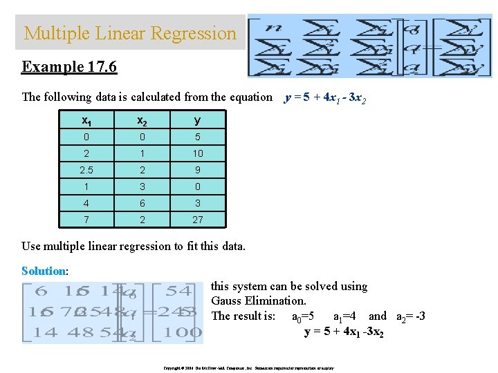 Multiple Linear Regression Example 17. 6 The following data is calculated from the equation