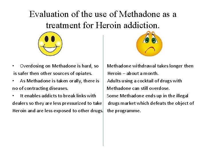 Evaluation of the use of Methadone as a treatment for Heroin addiction. • Overdosing