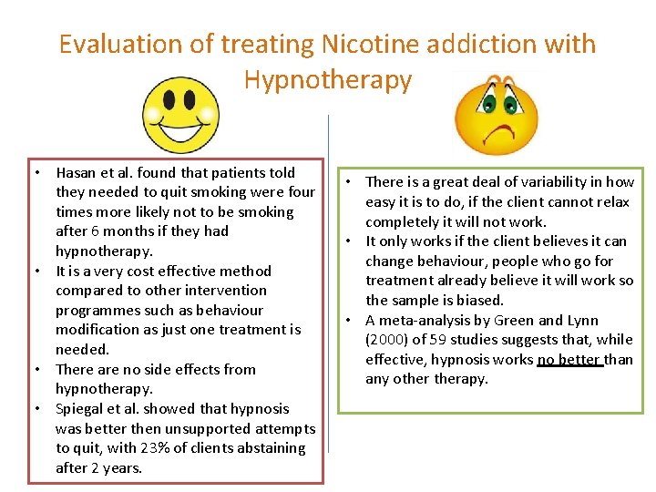 Evaluation of treating Nicotine addiction with Hypnotherapy • Hasan et al. found that patients
