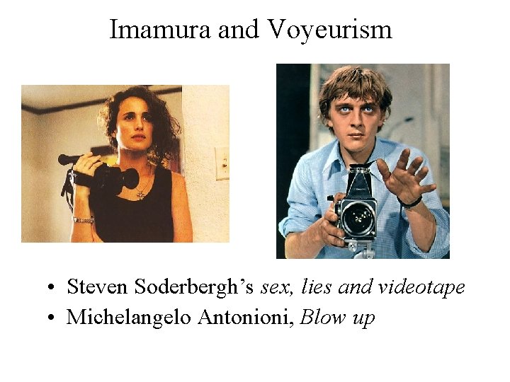 Imamura and Voyeurism • Steven Soderbergh’s sex, lies and videotape • Michelangelo Antonioni, Blow