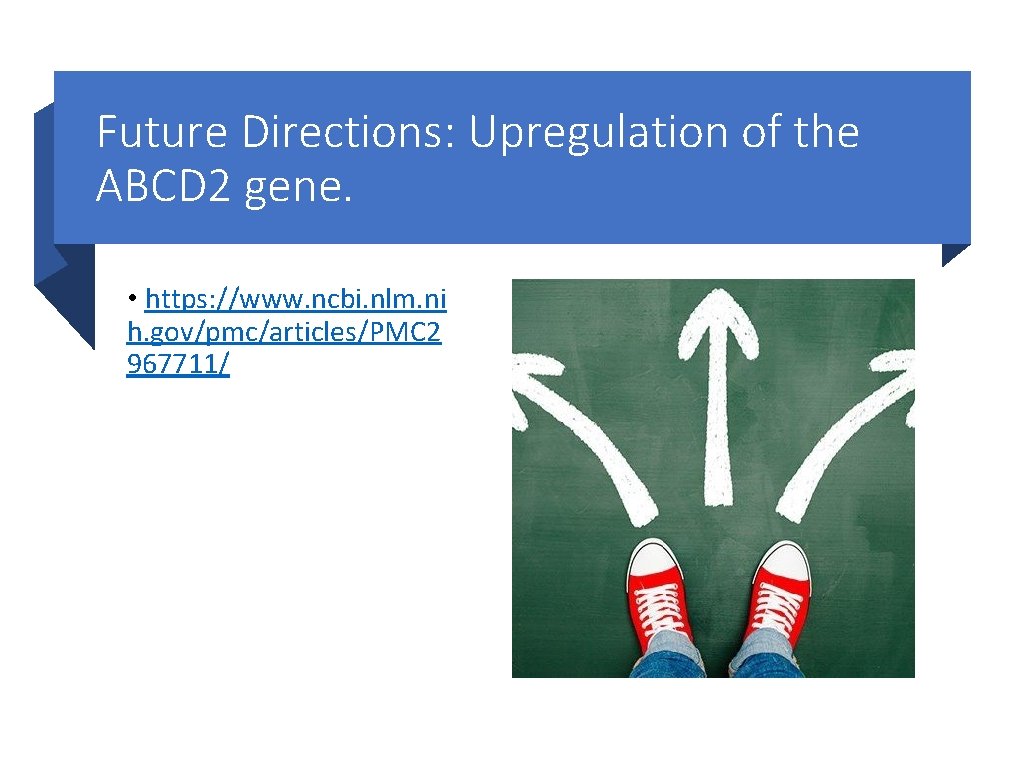 Future Directions: Upregulation of the ABCD 2 gene. • https: //www. ncbi. nlm. ni