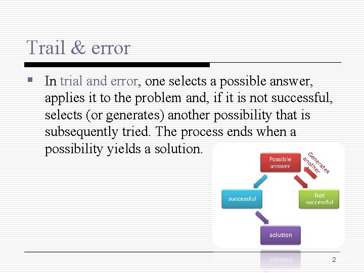Trail & error § In trial and error, one selects a possible answer, applies