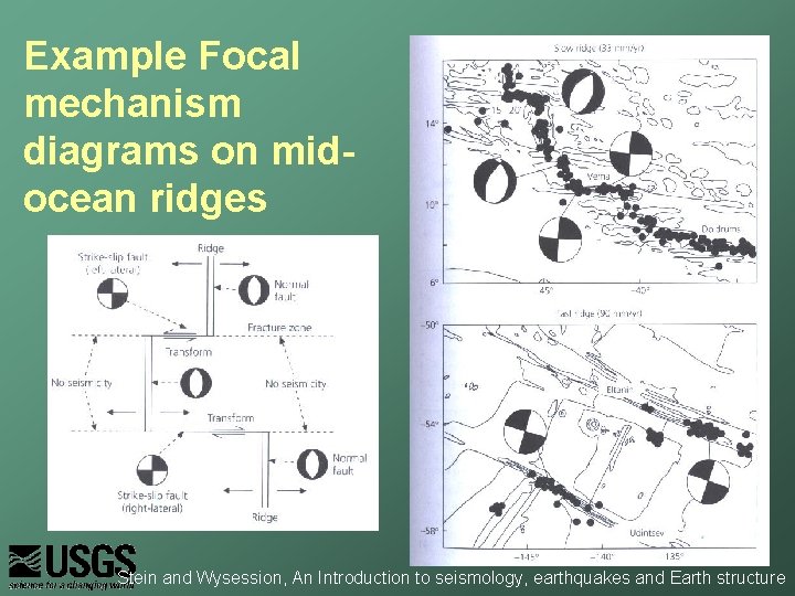 Example Focal mechanism diagrams on midocean ridges Stein and Wysession, An Introduction to seismology,