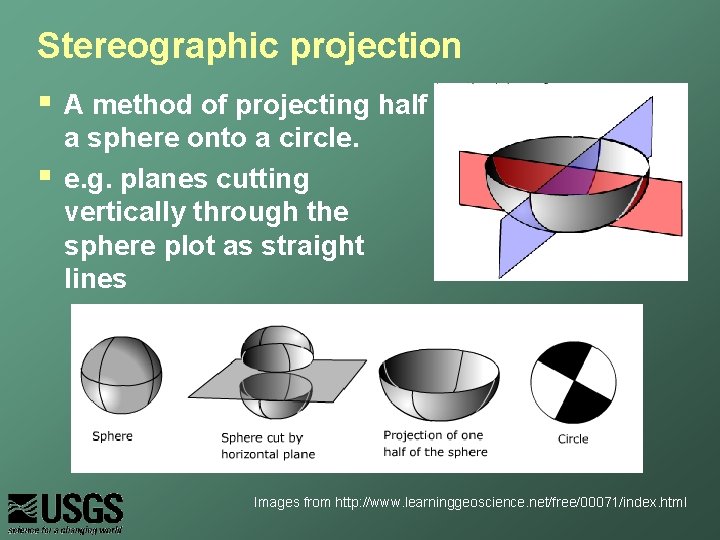Stereographic projection § § A method of projecting half a sphere onto a circle.