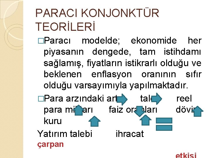 PARACI KONJONKTÜR TEORİLERİ �Paracı modelde; ekonomide her piyasanın dengede, tam istihdamı sağlamış, fiyatların istikrarlı