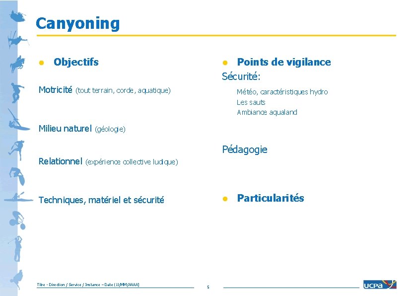 Canyoning l Objectifs Motricité Points de vigilance Sécurité: l (tout terrain, corde, aquatique) Météo,