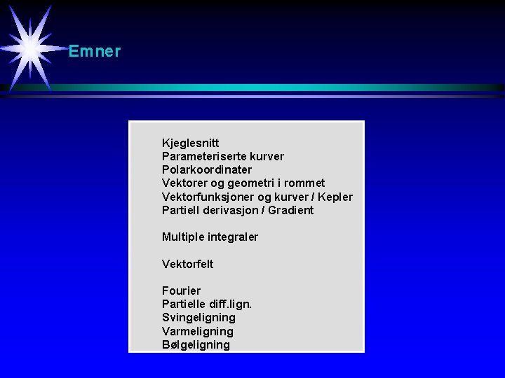 Emner Kjeglesnitt Parameteriserte kurver Polarkoordinater Vektorer og geometri i rommet Vektorfunksjoner og kurver /