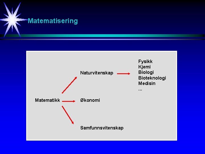 Matematisering Naturvitenskap Matematikk Økonomi Samfunnsvitenskap Fysikk Kjemi Biologi Bioteknologi Medisin. . . 