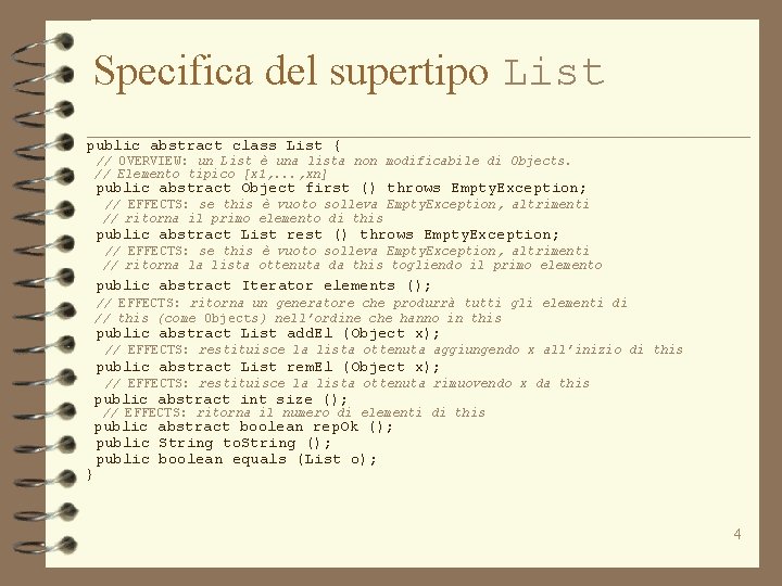 Specifica del supertipo List public abstract class List { // OVERVIEW: un List è