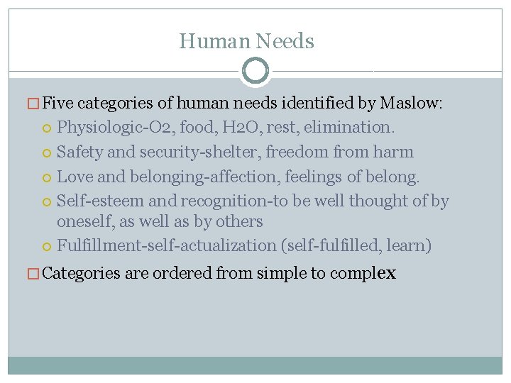 Human Needs � Five categories of human needs identified by Maslow: Physiologic-O 2, food,